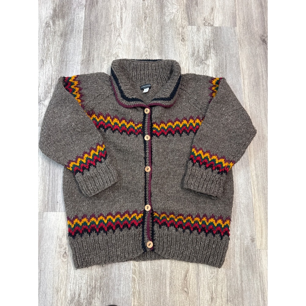J Peterman Company Mens Large Wool Cardigan Sweater Fisherman Fair Isle Brown